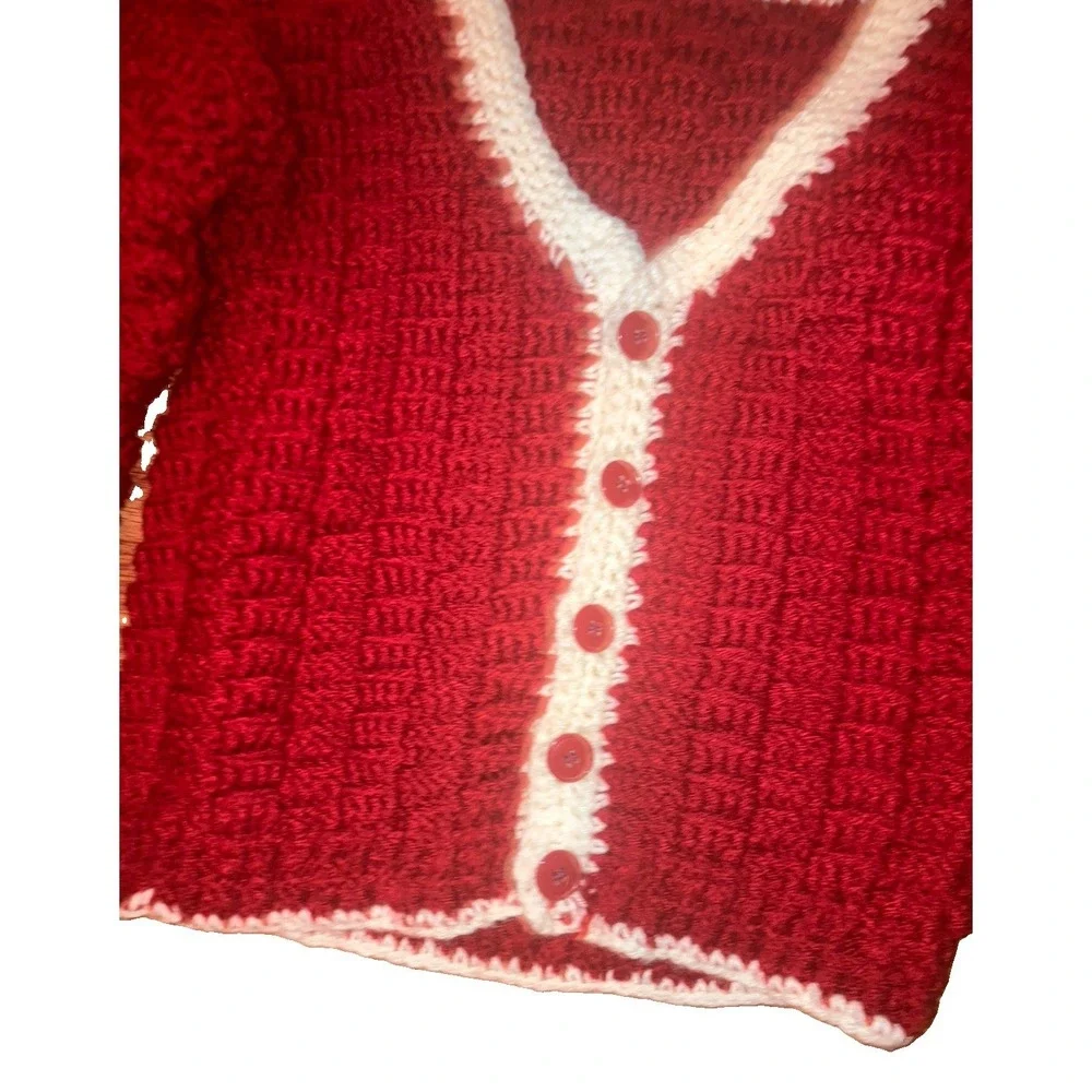 VTG Hand Knit Girls Red Sweater Cardigan Button Chunky Christmas Sz L T-9